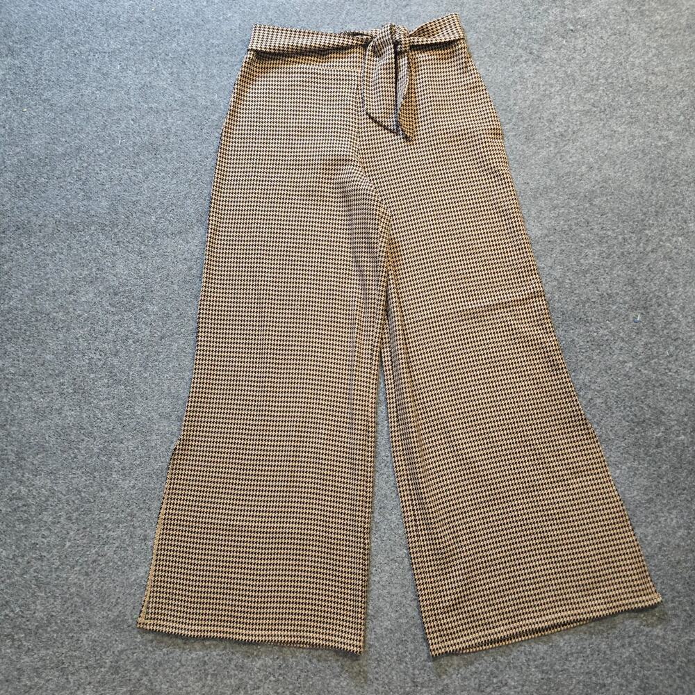 Cartonnier Pants Women Size Medium Tan Black Houndstooth Wide Leg Belted Capsule